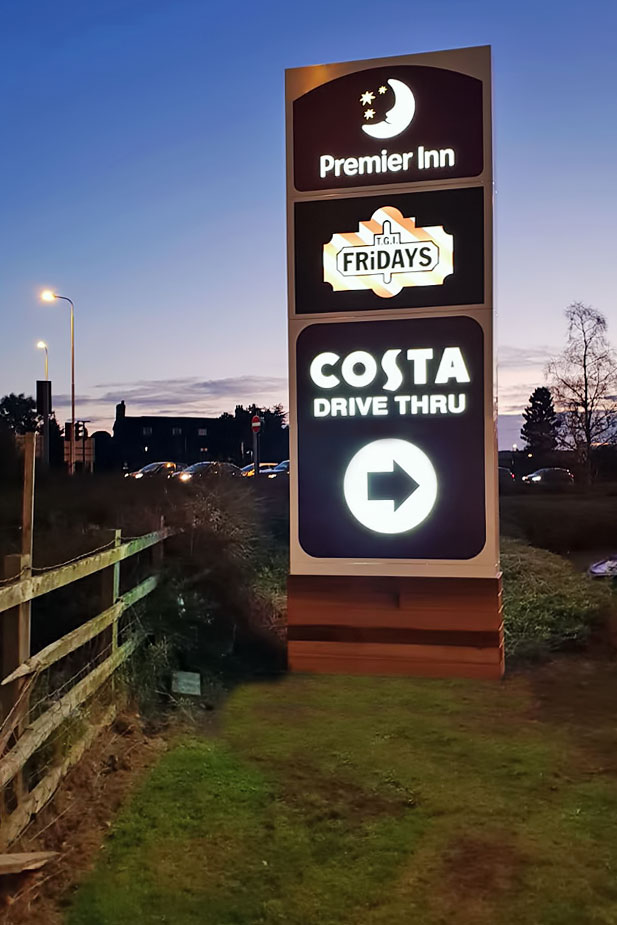 Premier Inn - TGI Fridays - Costa Coffee monolith sign